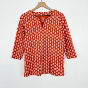 LL Bean Supima Cotton Tunic Top Women M Orange Printed‎ Split Neck 3/4 Sleeves